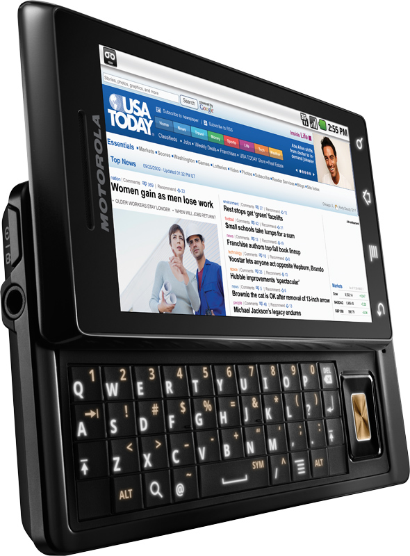Android 2.0�𓋍ڂ����uDroid�v�BMotrola���ŁA�L�����A��Verizon