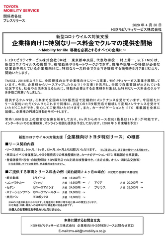 トヨタ、新型コロナウイルス対策支援で中古車リースを提供開始。医療 