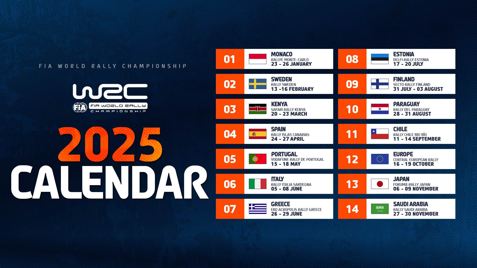 WRC、2025年カレンダー発表 ラリージャパンは11月6日〜9日に開催日程