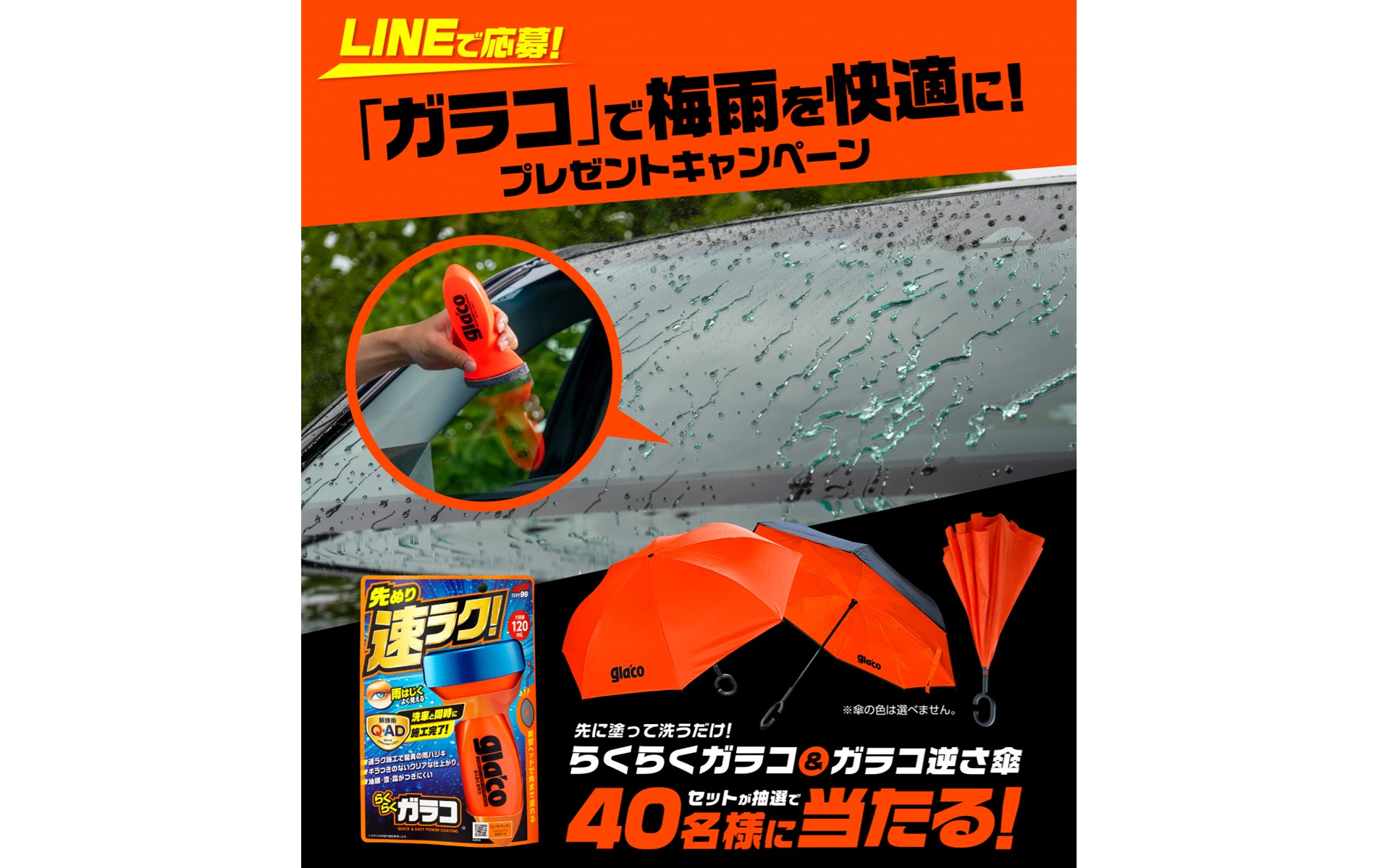 ソフト99、“らくらくガラコ”とオリジナル“逆さ傘”がセットで当たる